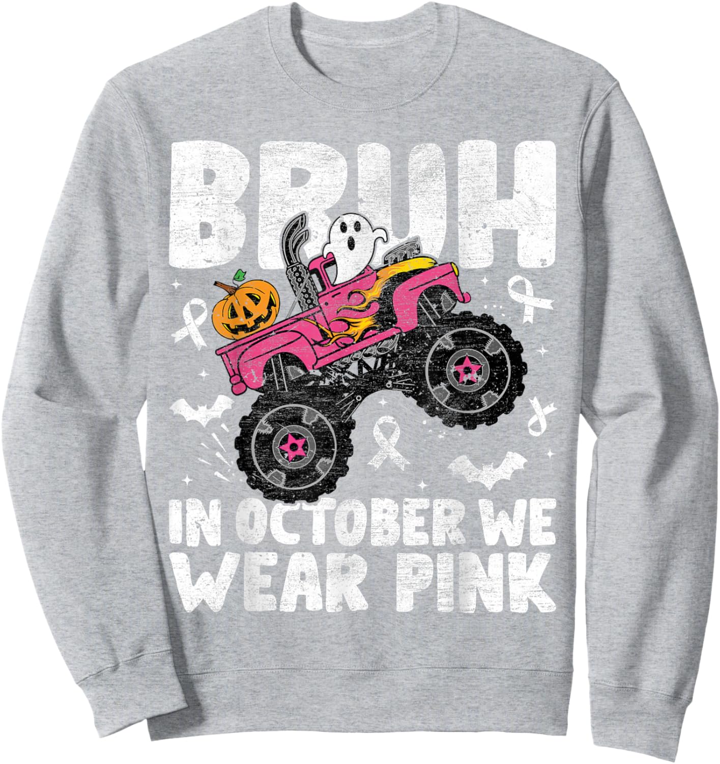 Bruh In October Wear Pink Breast Cancer Halloween Kids Boys Sweatshirt - Sweatshirt | Ash