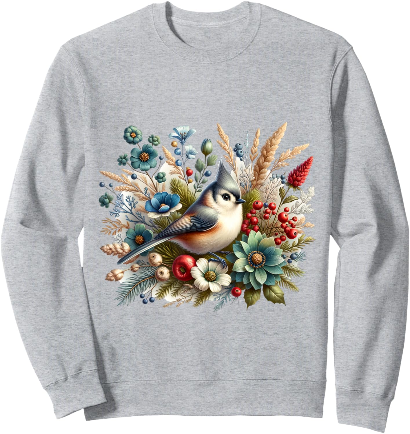 Tufted Titmouse Vintage Floral Wintery Bird Sweatshirt - Sweatshirt | Ash