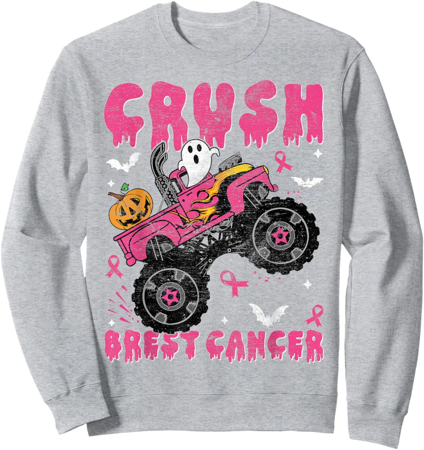 Halloween Monster Truck Crush Breast Cancer Awareness Kids Sweatshirt - Sweatshirt | Ash