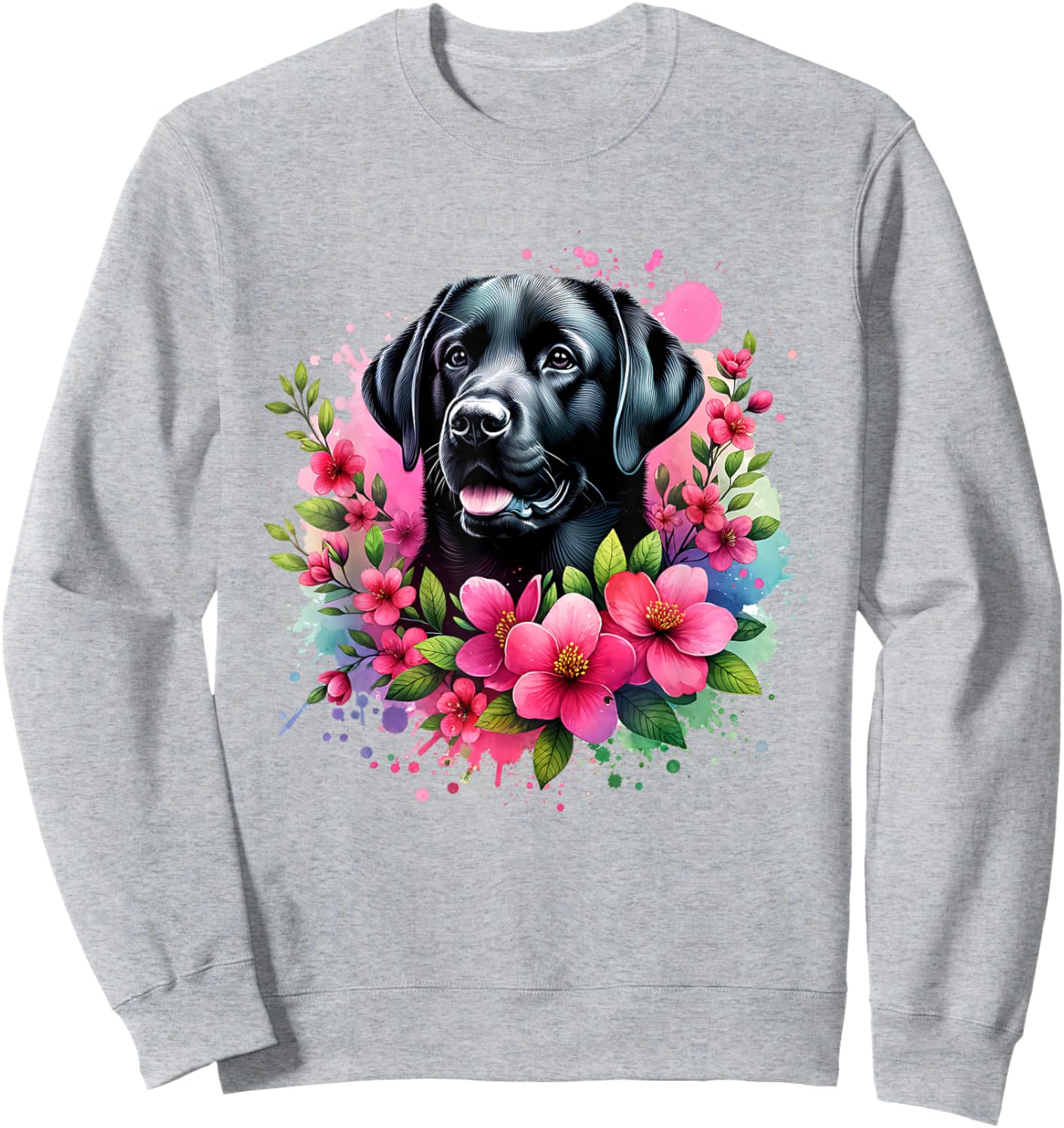 Watercolor Cute Black Labrador Dog Mom Pink Flowers Women Kids Sweatshirt - Sweatshirt | Ash