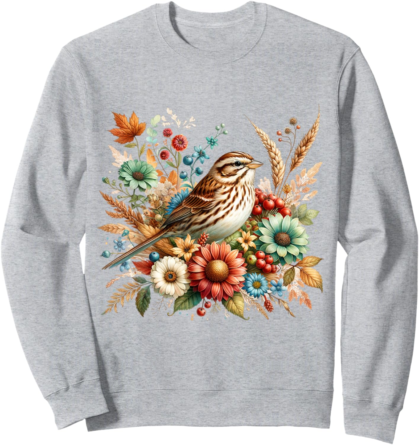 Song Sparrow Vintage Floral Autumn Bird Sweatshirt - Sweatshirt | Ash