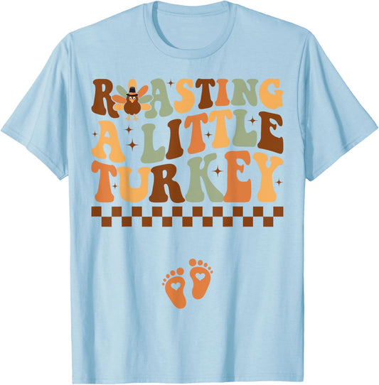 Roasting a Little Turkey Thanksgiving Pregnancy Announcement T-Shirt - T-Shirt | Light Blue