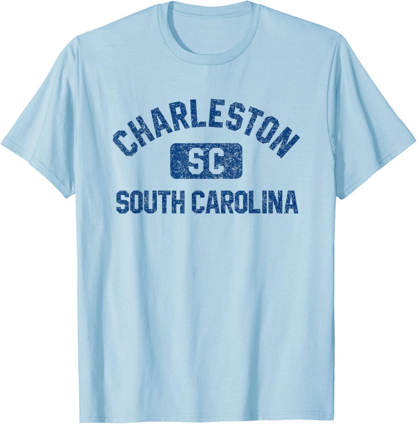 Charleston SC Gym Style Distressed Dark Blue Print T-Shirt - T-Shirt | Light Blue