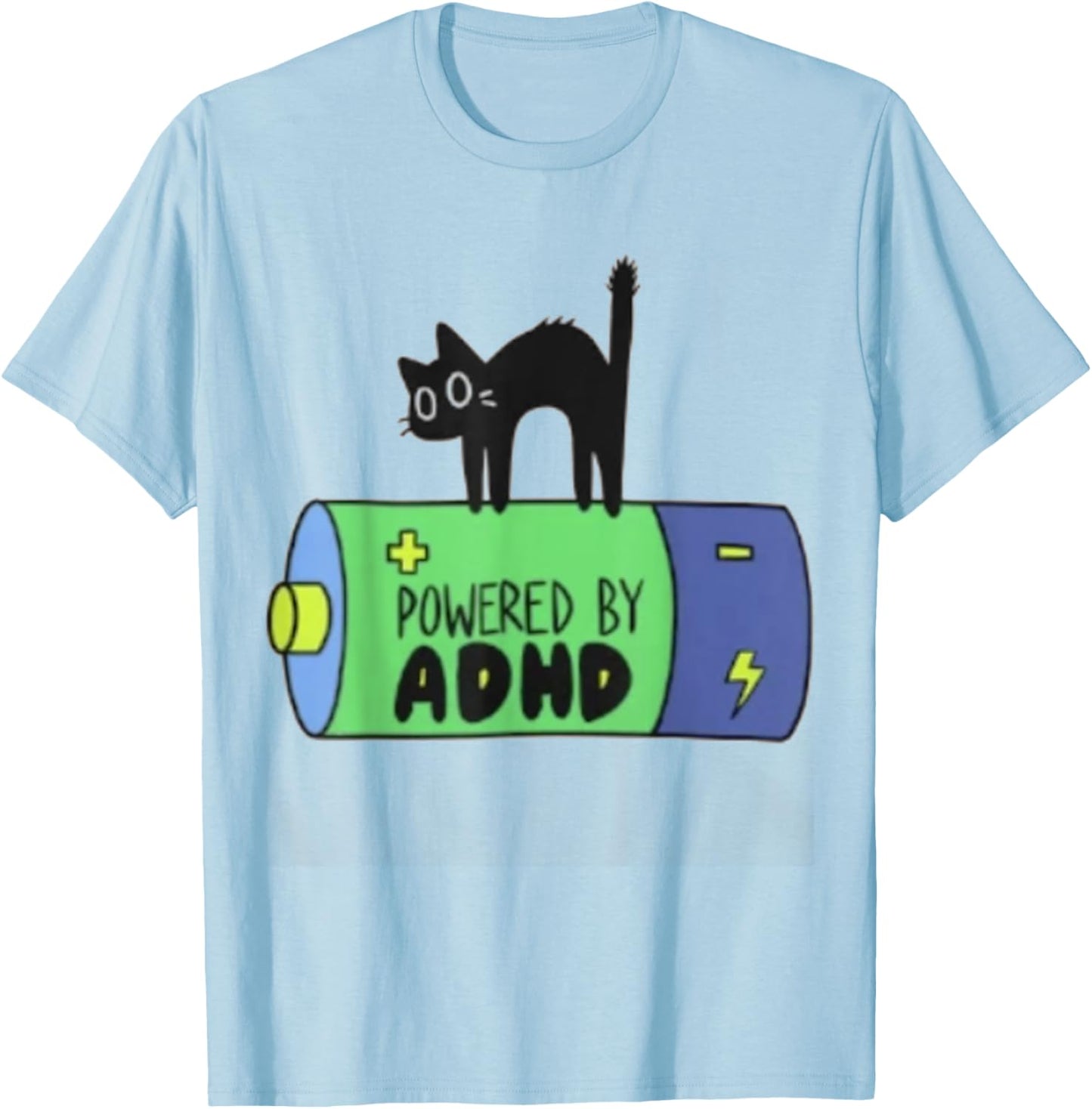 Powered By ADHD Cat Funny T-Shirt - T-Shirt | Light Blue