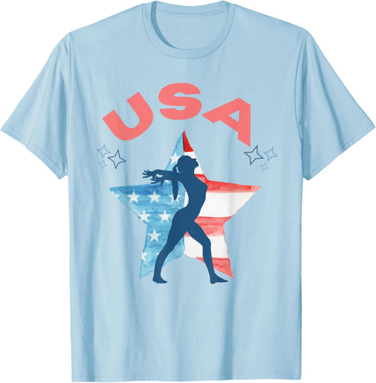 Girls Gymnastics American Flag Star Patriotic USA Gymnast T-Shirt - T-Shirt | Light Blue