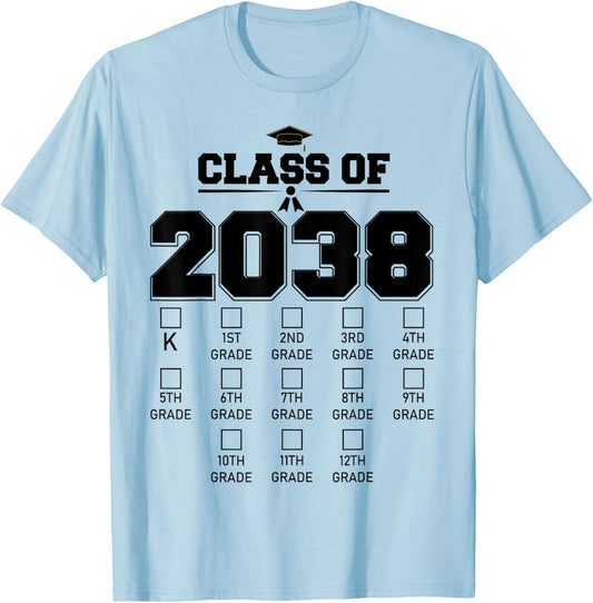 Class of 2038 Grow With Me Checklist Kindergarten 12th Grade T-Shirt - T-Shirt | Light Blue