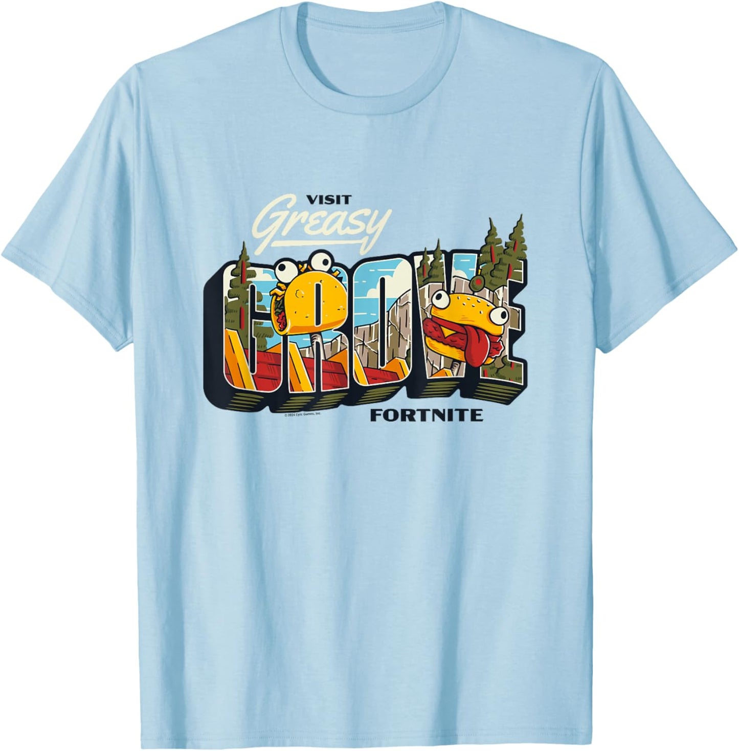 Fortnite Visit Greasy Grove Burr Burger Big Chest Poster T-Shirt - T-Shirt | Light Blue