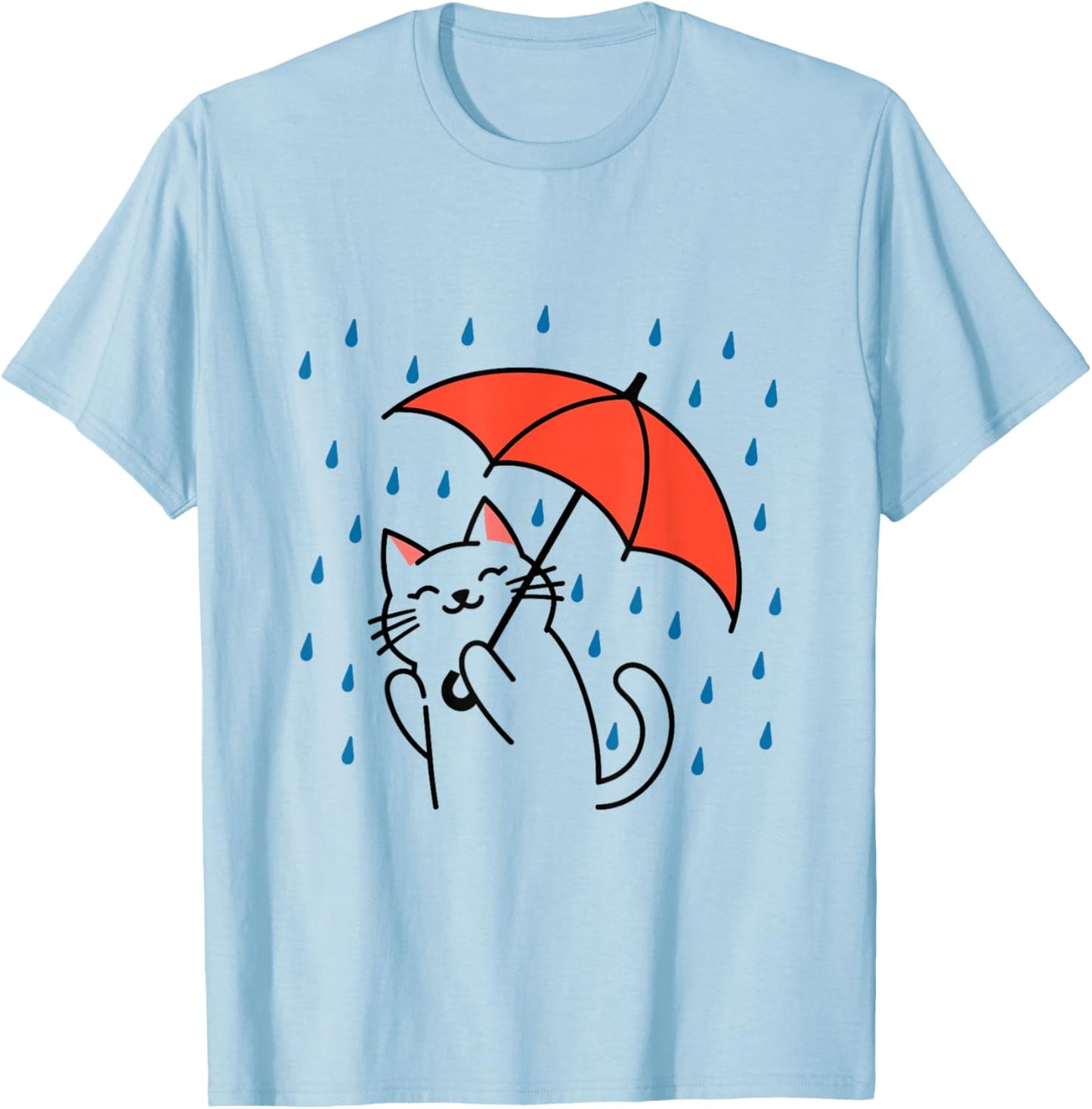 Raining Cat Under Umbrella Autumn Cat T-Shirt - T-Shirt | Light Blue