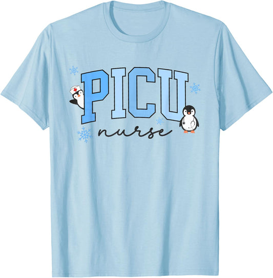 Merry PICU Nurse Christmas Pediatric ICU Nurse Holiday T-Shirt - T-Shirt | Light Blue