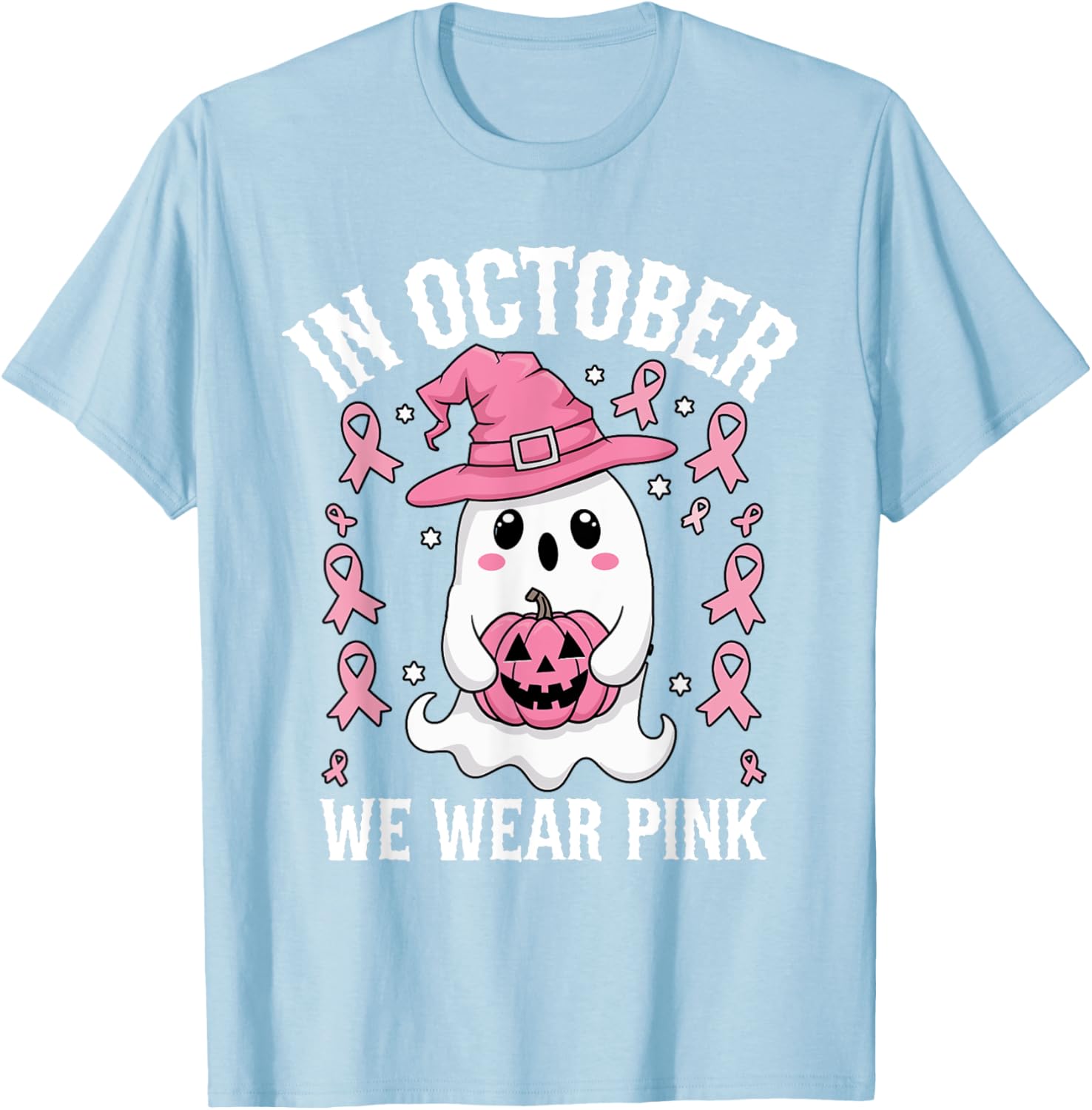 Pink October We Wear Breast Cancer Awareness Ghost Halloween T-Shirt - T-Shirt | Light Blue