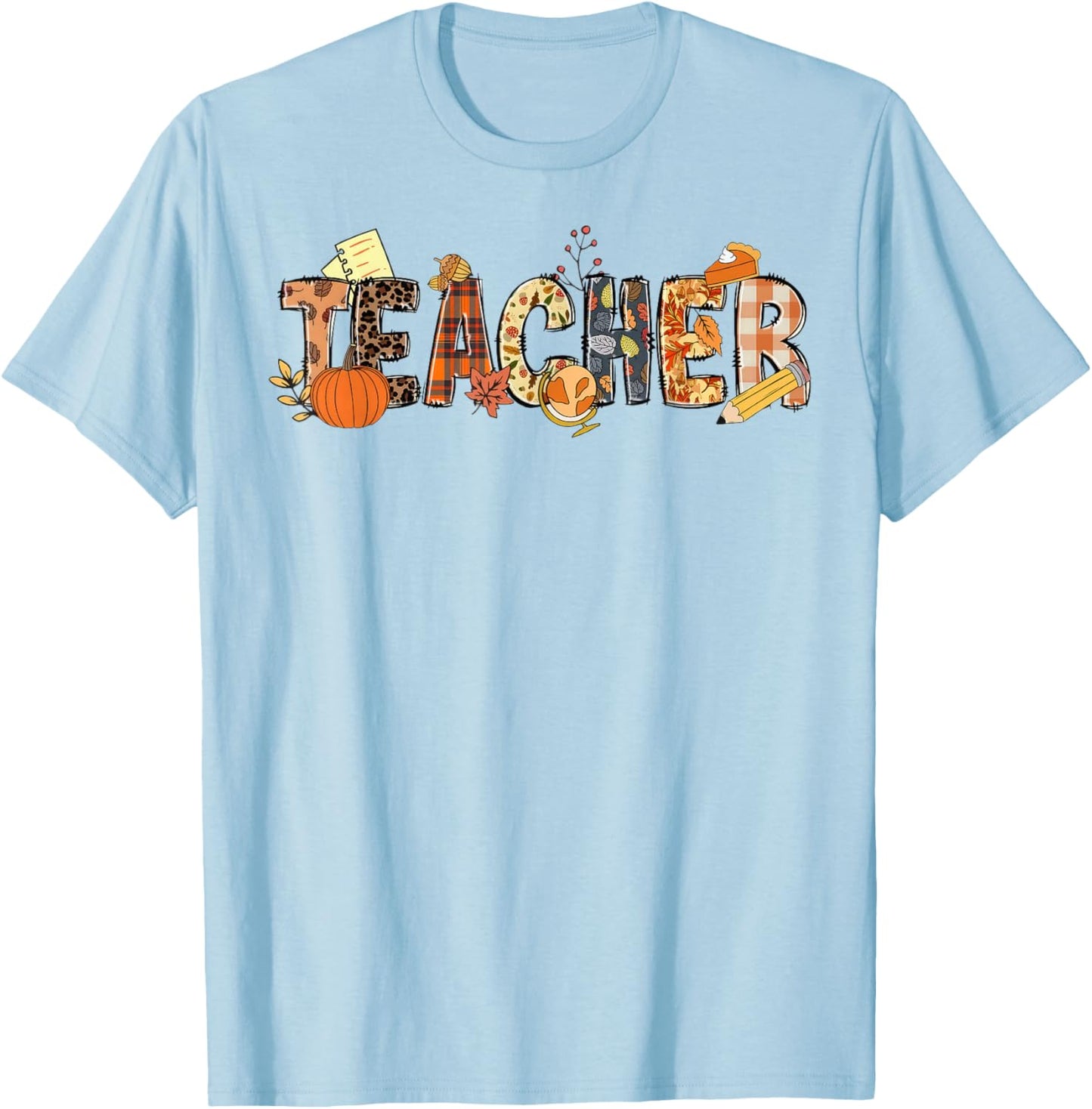 Leopard Teacher Fall Leaves Autumn Thanksgiving T-Shirt - T-Shirt | Light Blue