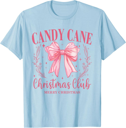 Candy Cane Christmas Club Pink Bow Vintage Christmas T-Shirt - T-Shirt | Light Blue