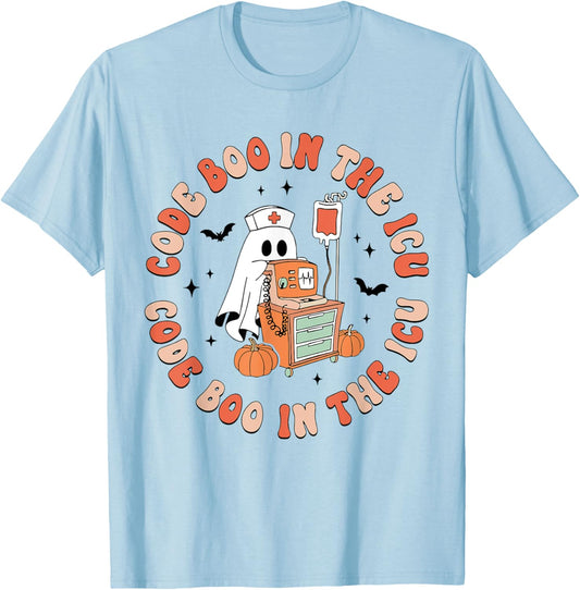 ICU Nurse Halloween Critical Care Nurse ICU Code Boo Crew T-Shirt - T-Shirt | Light Blue