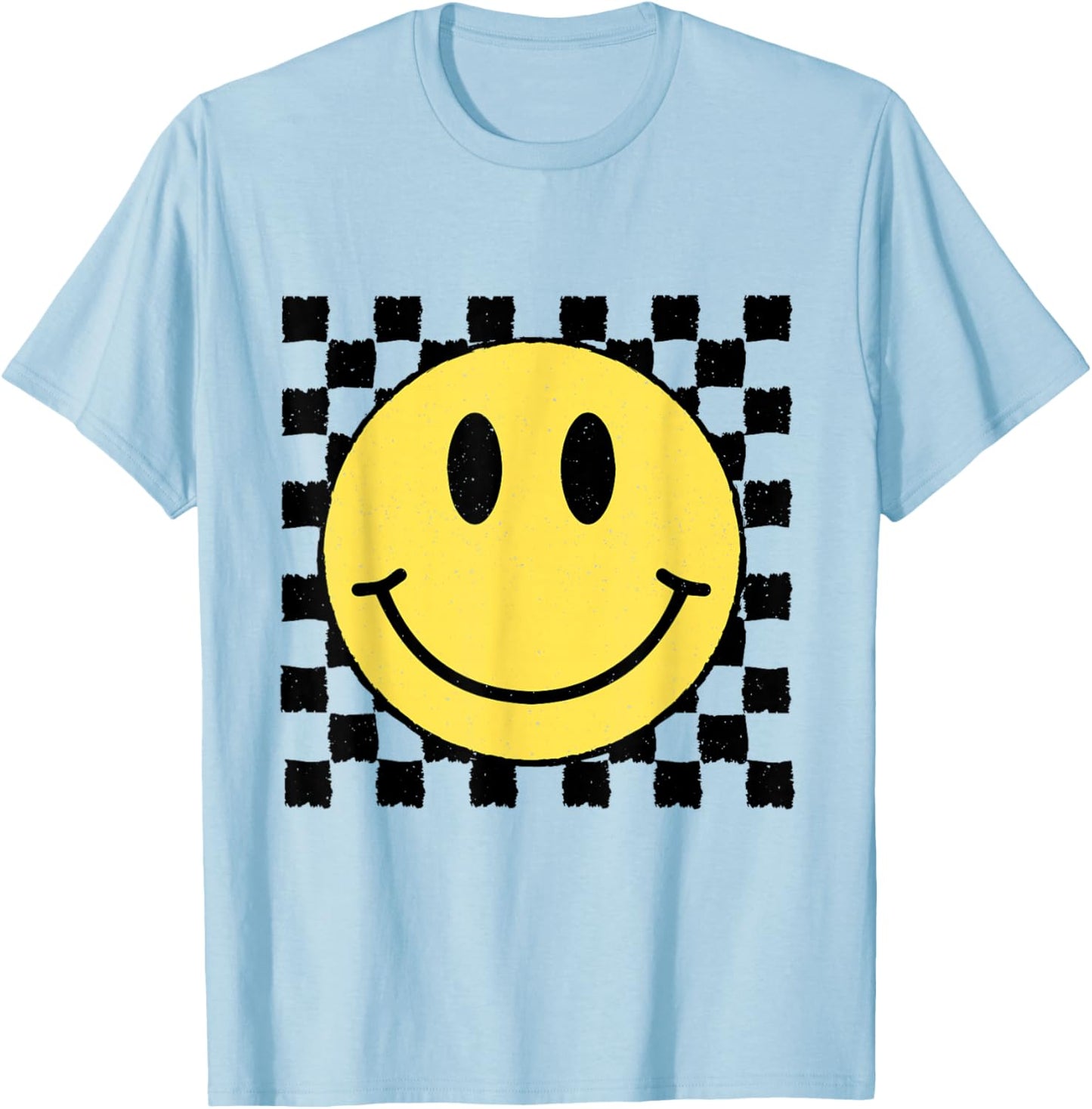 Trendy Checkered Pattern Happy Face T-Shirt - T-Shirt | Light Blue