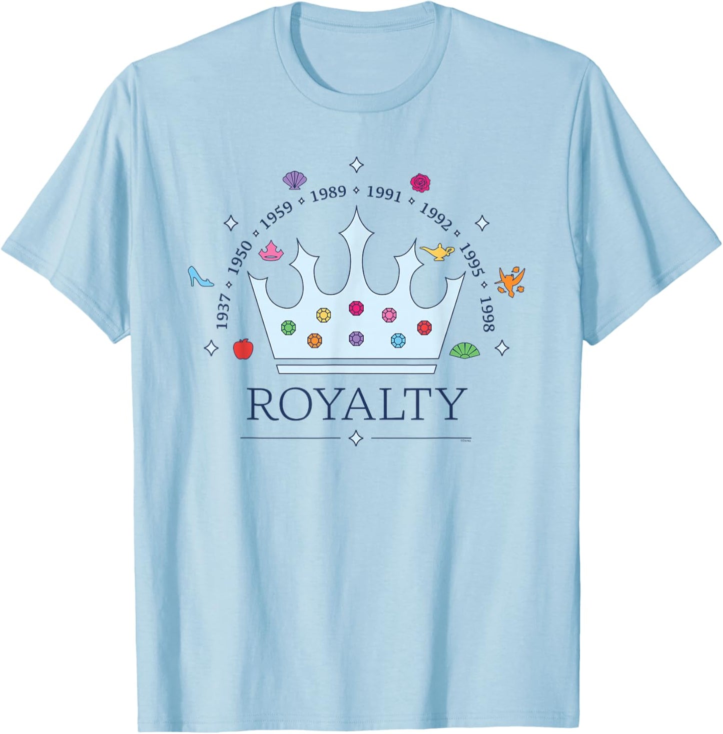 Disney Princess Royalty Crown Movie Timeline 1937-1998 T-Shirt - T-Shirt | Light Blue