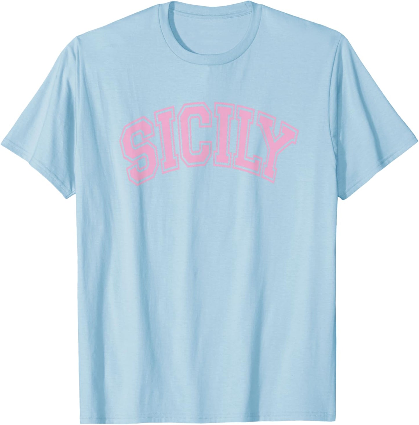Sicily Arched Style Text White with Pink Print T-Shirt - T-Shirt | Light Blue