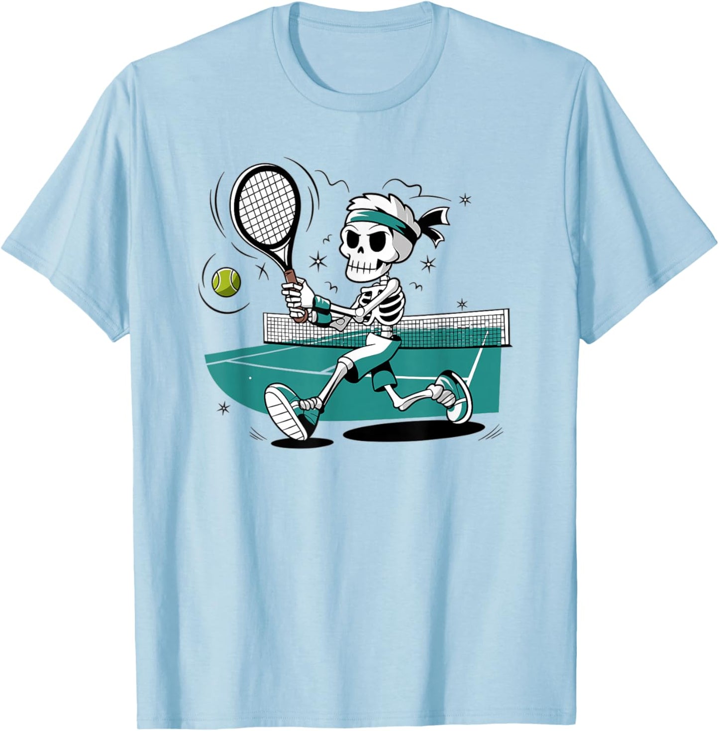 Skeleton Playing Tennis With Racket Illustration T-Shirt - T-Shirt | Light Blue