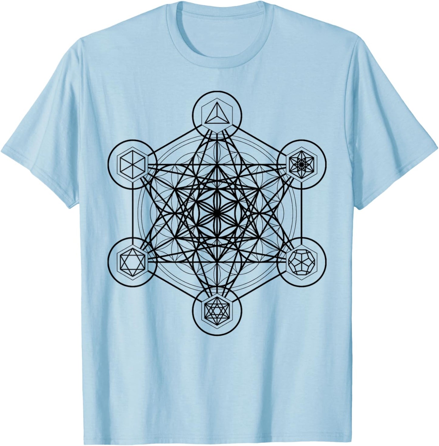 Metatron's Cube Sacred Geometry Platonic Solids Black Lines T-Shirt - T-Shirt | Light Blue