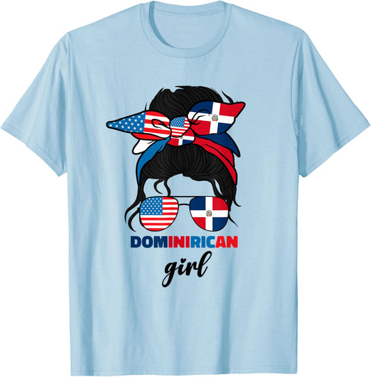 Half Dominican And American Dominicana Republic Flag Girl T-Shirt - T-Shirt | Light Blue