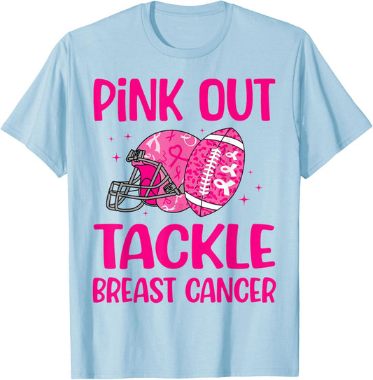 American Football Pink Out Tackle Breast Cancer Awareness T-Shirt - T-Shirt | Light Blue