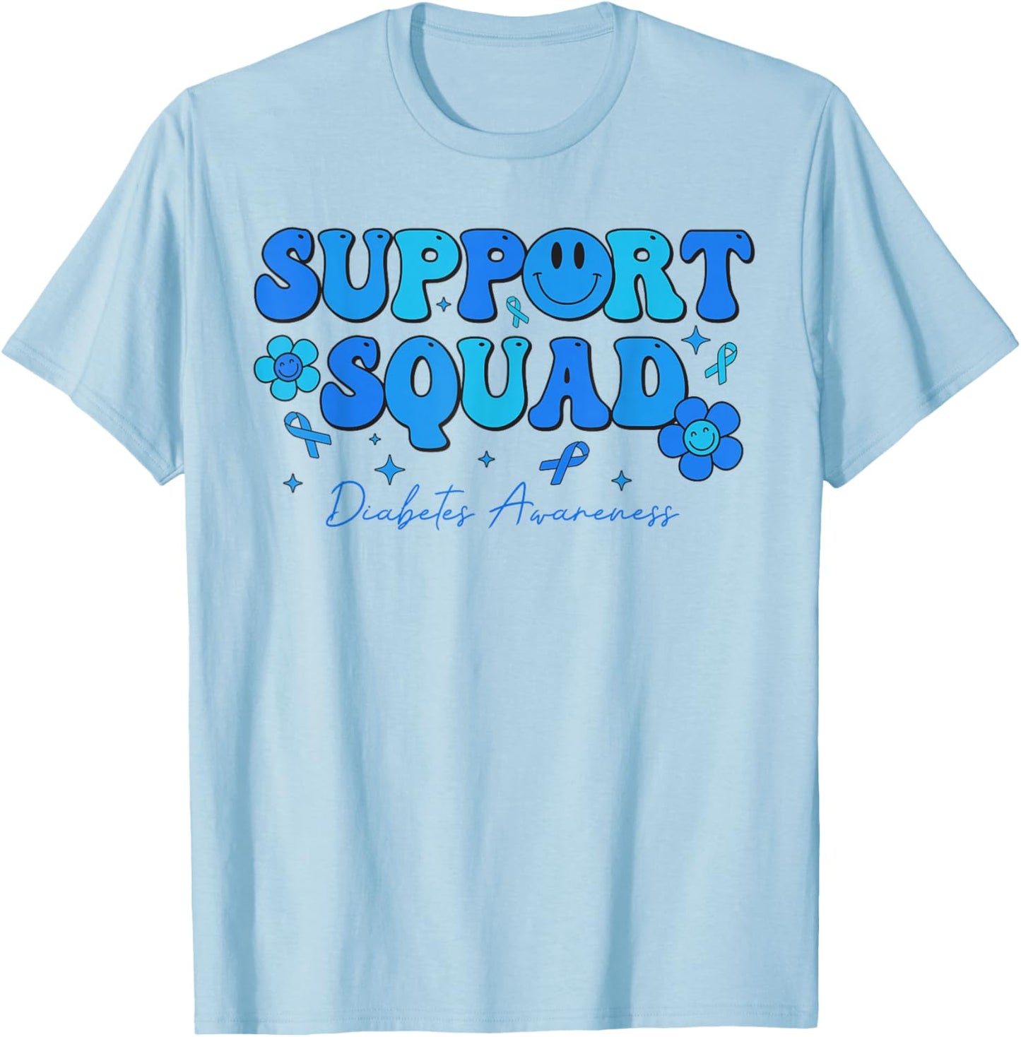 Retro Groovy Support Squad Blue Ribbon Diabetes Awareness T-Shirt - T-Shirt | Light Blue