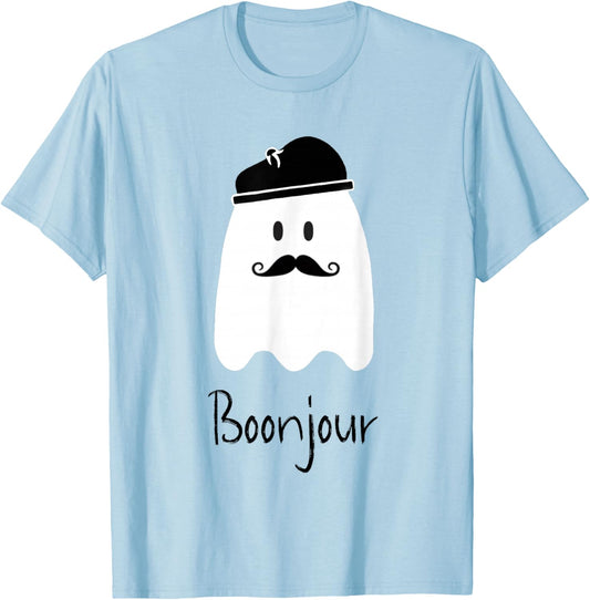 Funny French Teacher Halloween Bonjour Ghost T-Shirt - T-Shirt | Light Blue