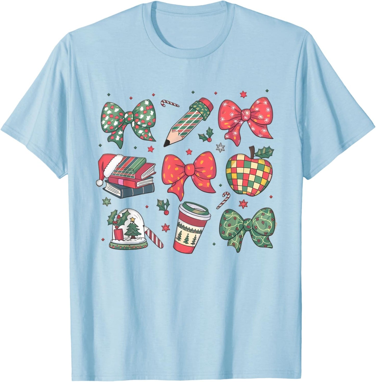 Coquette Bow Teacher Christmas Elementary School Xmas Winter T-Shirt - T-Shirt | Light Blue