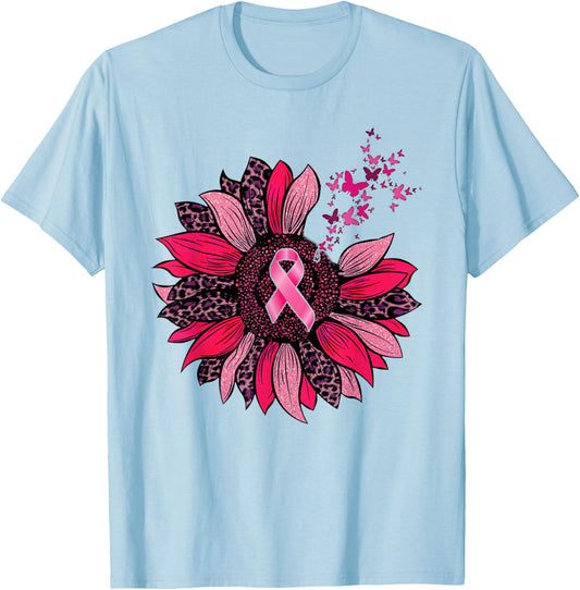 Breast Cancer Awareness Butterfly Sunflower Pink Ribbon T-Shirt - T-Shirt | Light Blue