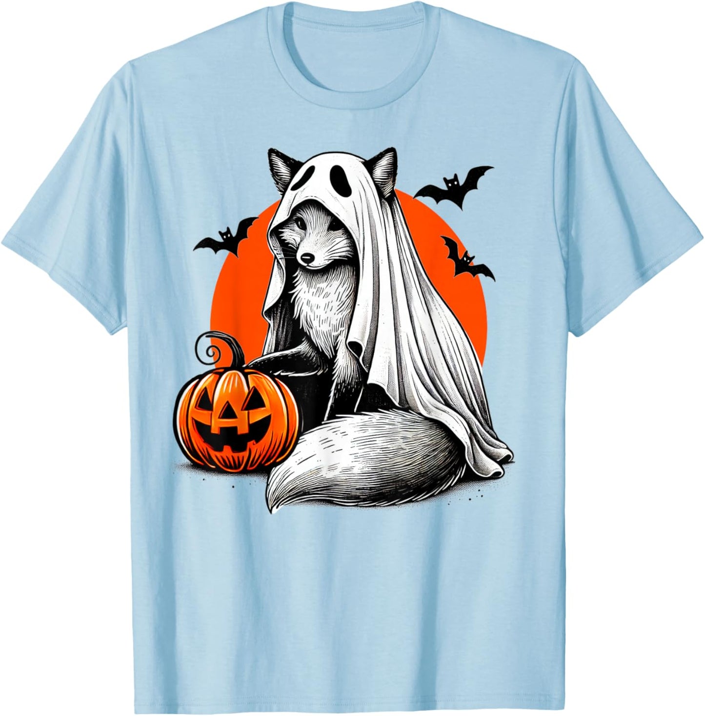 Spooky Fox In Ghost Costume With Jackolantern Pumpkin Art T-Shirt - T-Shirt | Light Blue