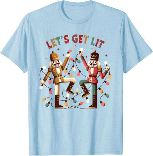 Aesthetic Christmas Light & Nut Cracker Let's Get Lit Xmas T-Shirt - T-Shirt | Light Blue