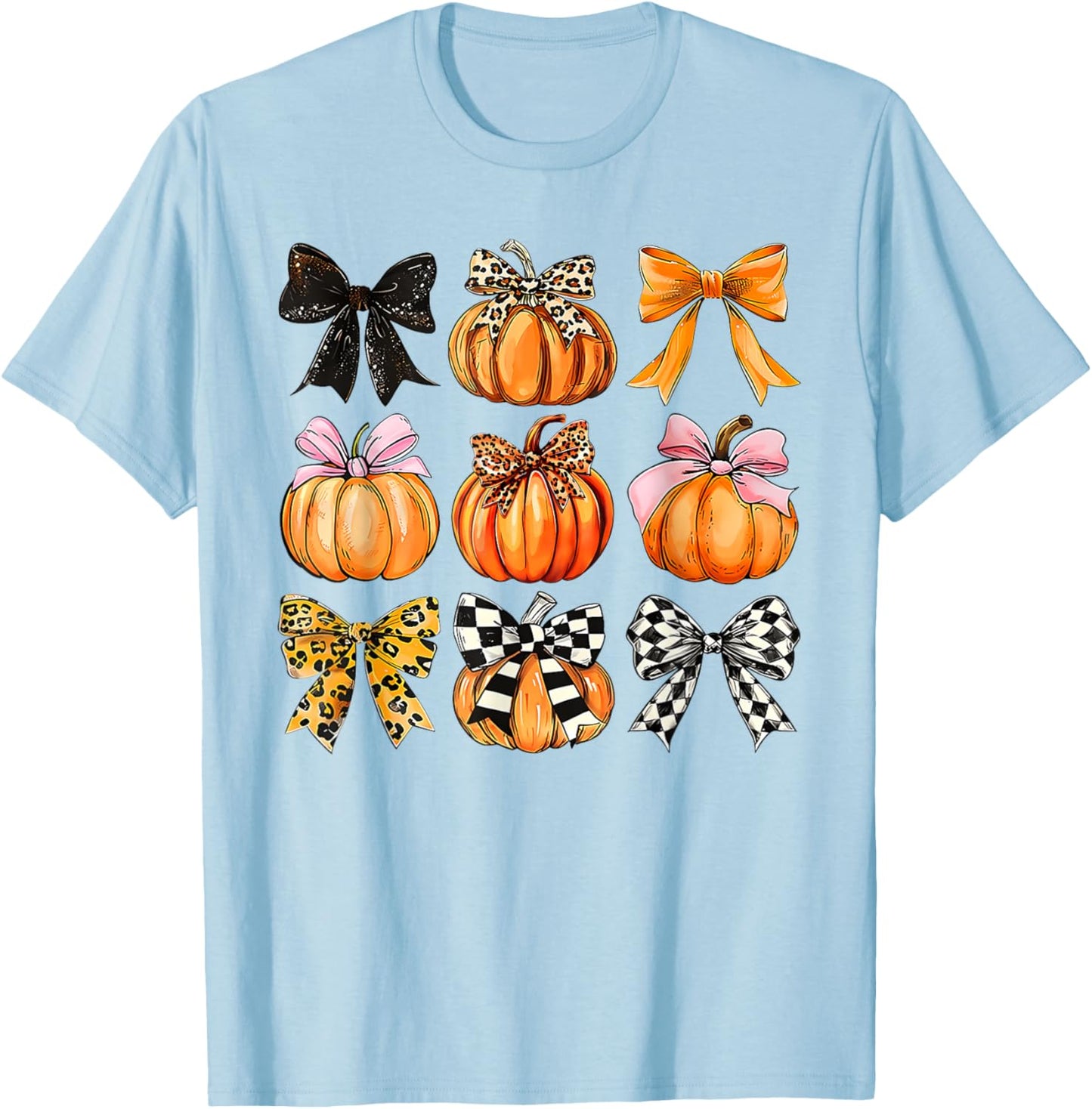 Coquette Bow Pumpkin Season Thanksgiving Autumn Fall Leaves T-Shirt - T-Shirt | Light Blue
