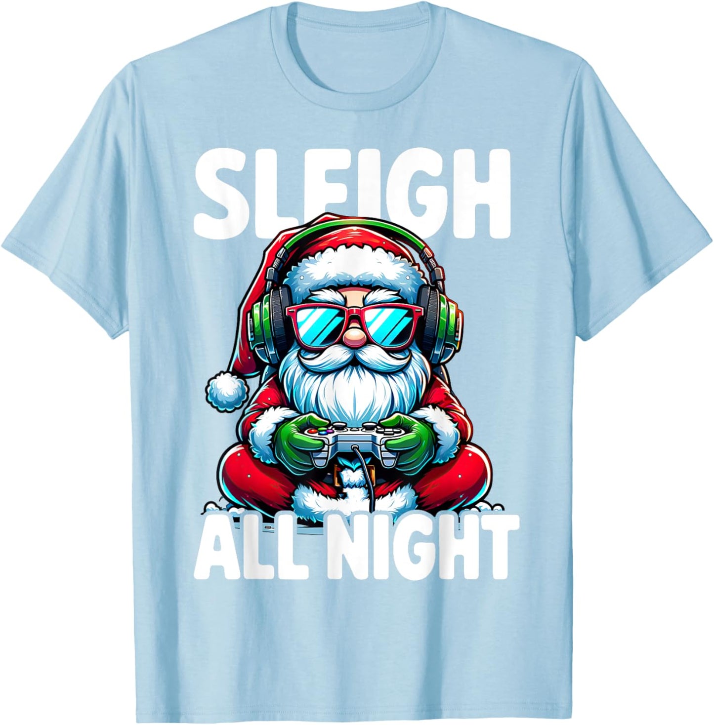 Christmas Gamer Boys Sleigh All Night Video Game Santa Xmas T-Shirt - T-Shirt | Light Blue