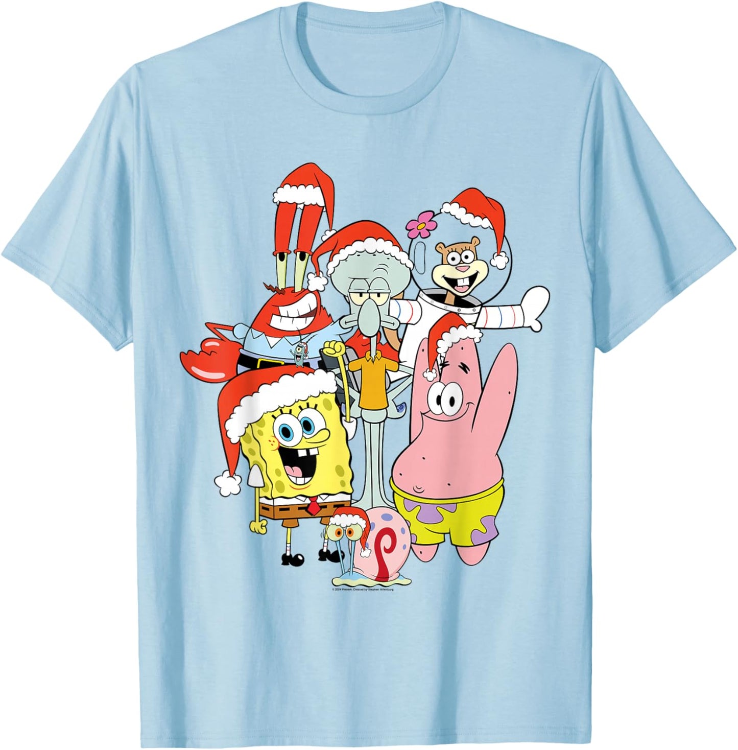 Spongebob Squarepants Christmas Group Santa Hats T-Shirt - T-Shirt | Light Blue