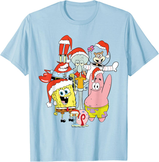 Spongebob Squarepants Christmas Group Santa Hats T-Shirt - T-Shirt | Light Blue