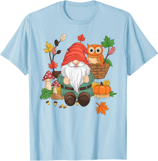 Autumn Season Design Leaves, Owls and Cute Fall Gnome T-Shirt - T-Shirt | Light Blue