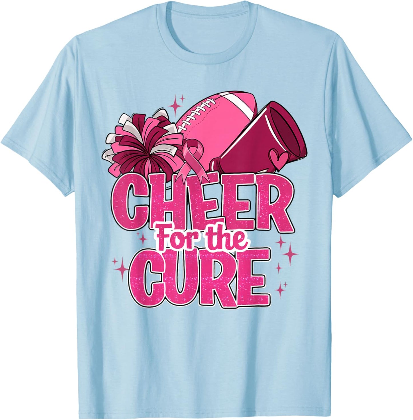 Cheer For The Cure Breast Cancer Awareness Pink Ribbon T-Shirt - T-Shirt | Light Blue