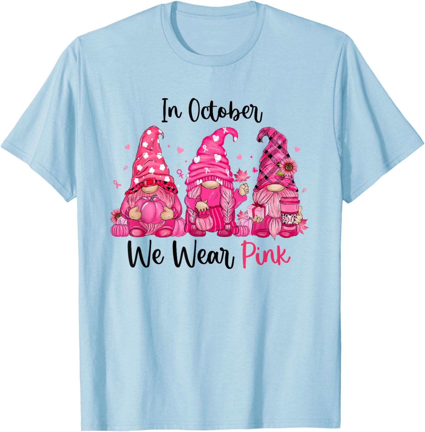 In October We Wear Pink Cute Gnomes Breast Cancer Awareness T-Shirt - T-Shirt | Light Blue