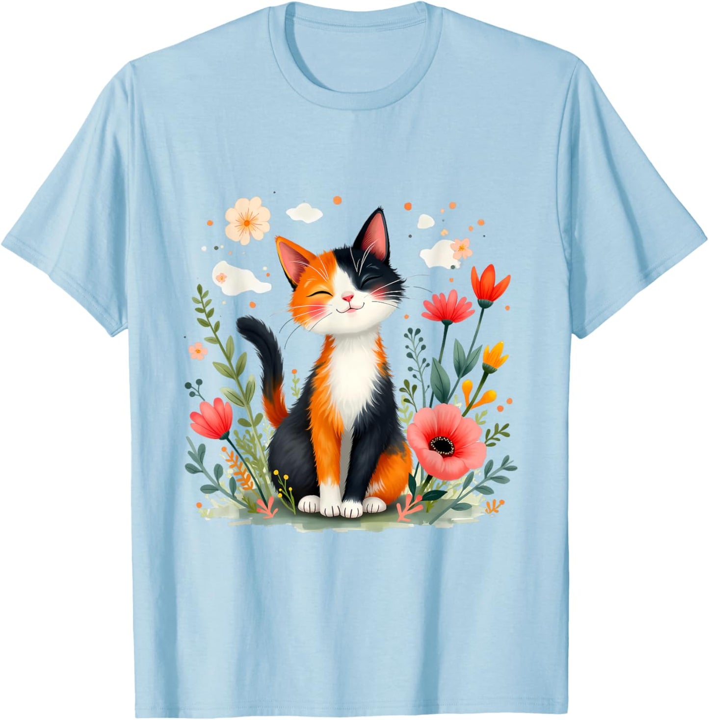 Smiling Calico Cat Cute Floral Kitten Cartoon Kitty Outdoors T-Shirt - T-Shirt | Light Blue