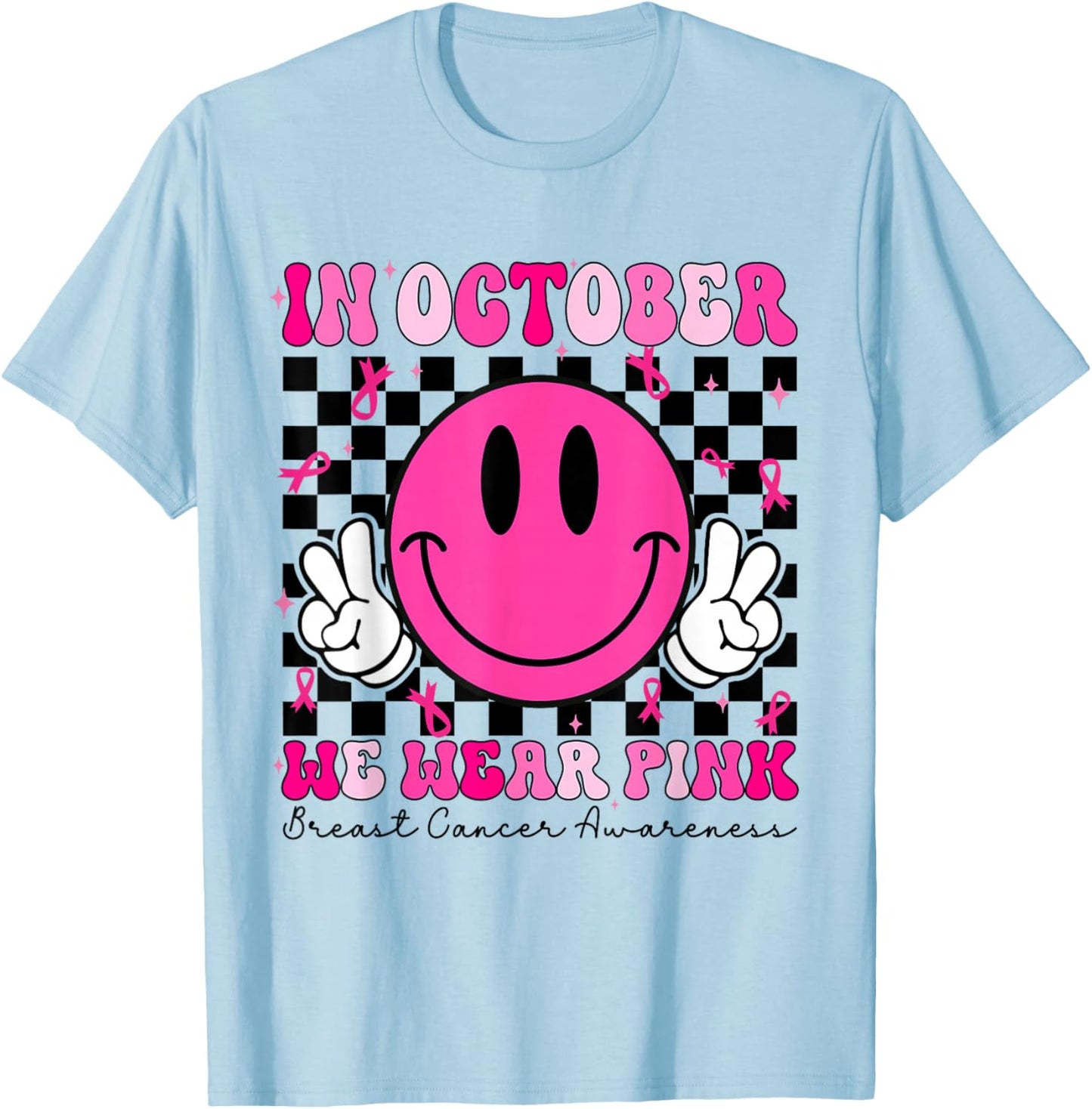 Groovy In October We Wear Pink Breast Cancer Awareness T-Shirt - T-Shirt | Light Blue