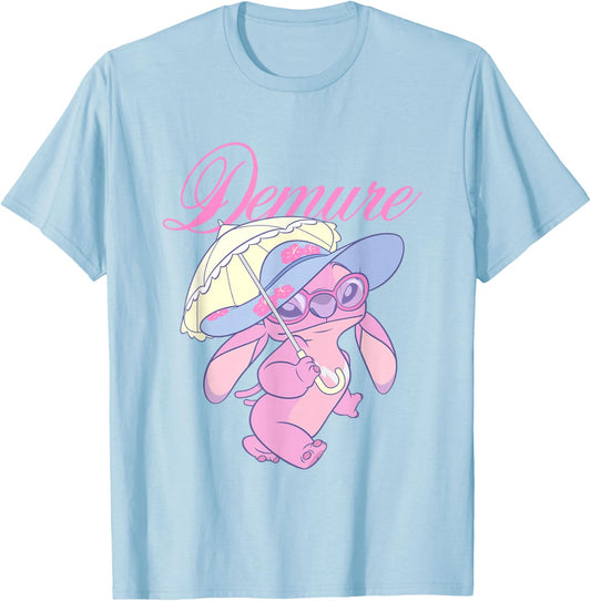 Disney Lilo & Stitch Cute Fancy Angel Demure Big Chest Logo T-Shirt - T-Shirt | Light Blue