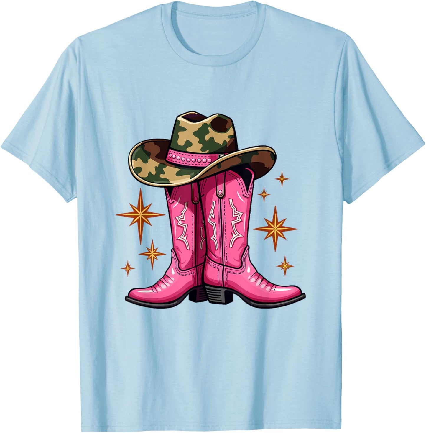 Pink Cowboy Boots & Camo Hat Country Western T-Shirt - T-Shirt | Light Blue