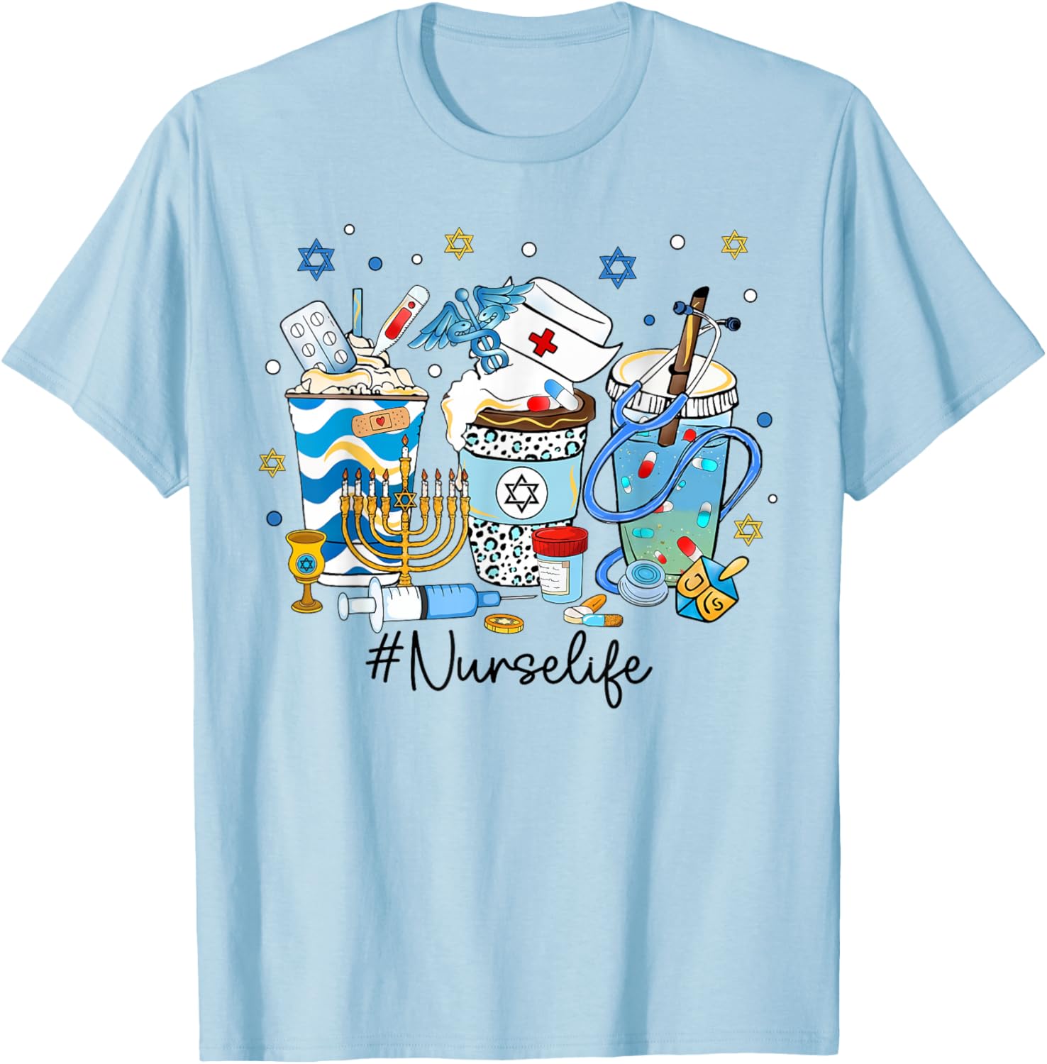 Hanukkah Nurse Life Chanukah Nursing Scrub Jewish RN Women T-Shirt - T-Shirt | Light Blue