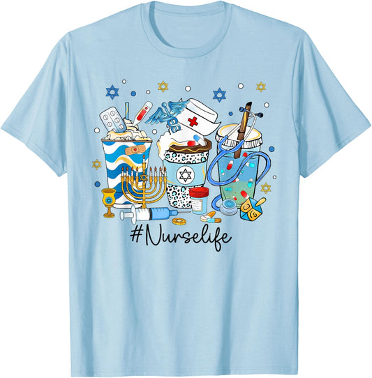 Hanukkah Nurse Life Chanukah Nursing Scrub Jewish RN Women T-Shirt - T-Shirt | Light Blue