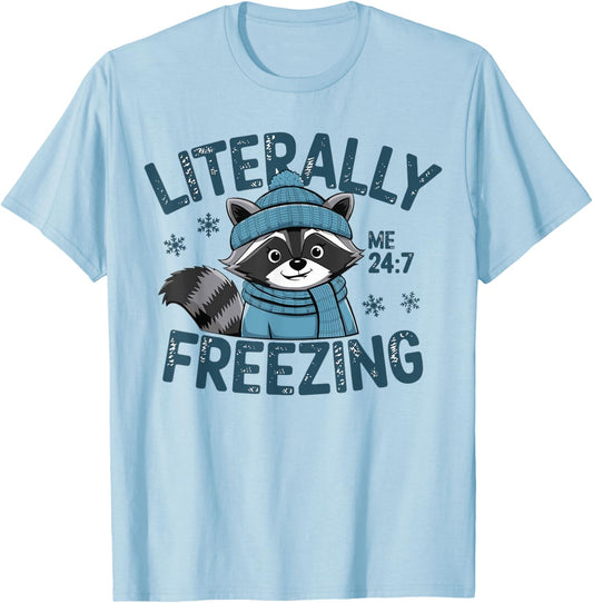 Literally Freezing Winter Funny Cold Raccoon Scarf Retro T-Shirt - T-Shirt | Light Blue