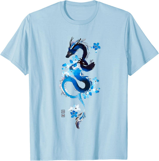 Cherry Blossom Japanese Dragon Asian Retro 80’s Style T-Shirt - T-Shirt | Light Blue