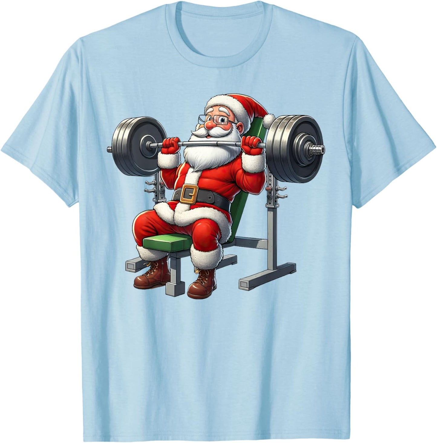 Santa Weightlifting Gym Funny Christmas Fitness T-Shirt - T-Shirt | Light Blue