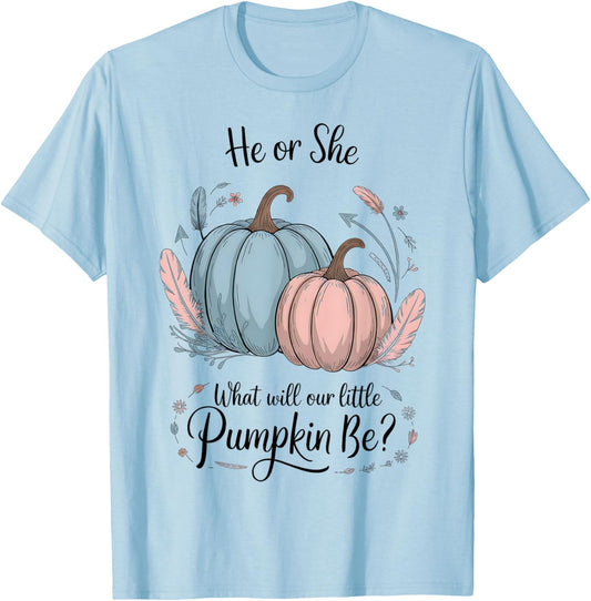 He or She What Will Our Little Pumpkin Be Halloween Gender T-Shirt - T-Shirt | Light Blue