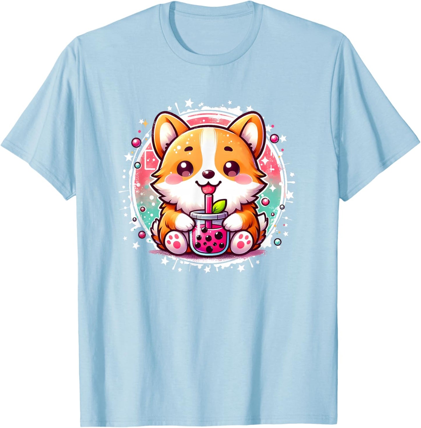 Cute Kawaii Stuff Corgi Dog Drinks Boba Bubble Tea Anime - Pink, Small, , Short Sleeve, Anime Themed Corgi Dog T-Shirt - T-Shirt | Light Blue