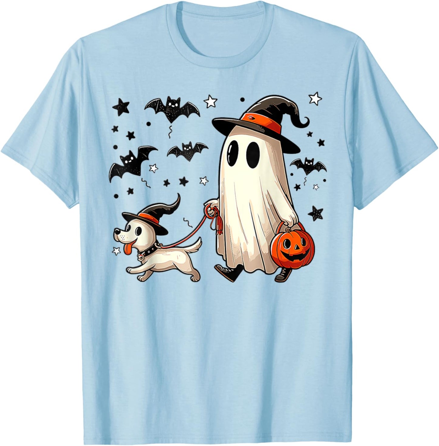 Ghost Walking Dog Spooky Season Halloween Men Women Kids T-Shirt - T-Shirt | Light Blue