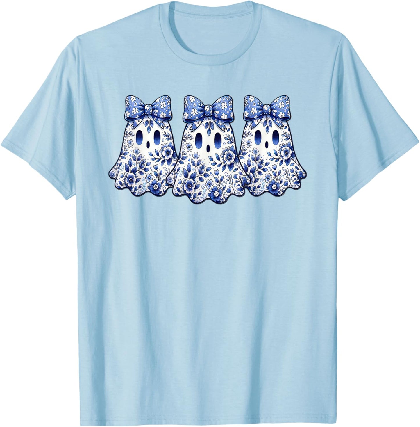 Coquette Toile Ghost Coquette Blue Floral Halloween Ghost T-Shirt - T-Shirt | Light Blue
